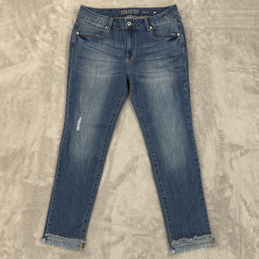 Grace In La Jeans Womens 30 Easy Fit Blue Rayon Blend‎ Crop Ankle Skinny Raw Hem